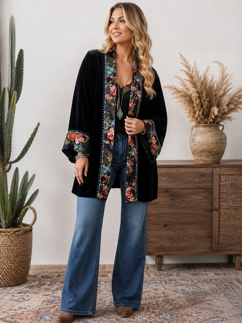 Johnny Was Black Velvet Floral Silk Blend Kimono Jacket Boho